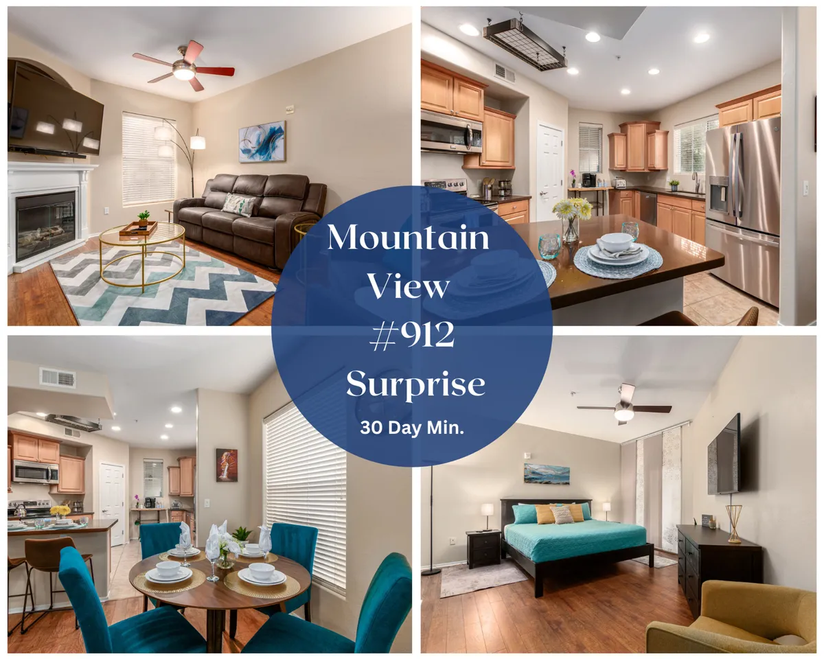 This image showcases the condo's inviting open-concept living area, featuring a plush couch beside a cozy fireplace, a modern kitchen with stainless steel appliances, a dining table thoughtfully set for two, and glimpses of a bedroom adorned with vibrant decor. The space feels bright, contemporary, and welcoming, designed for comfort and connection.